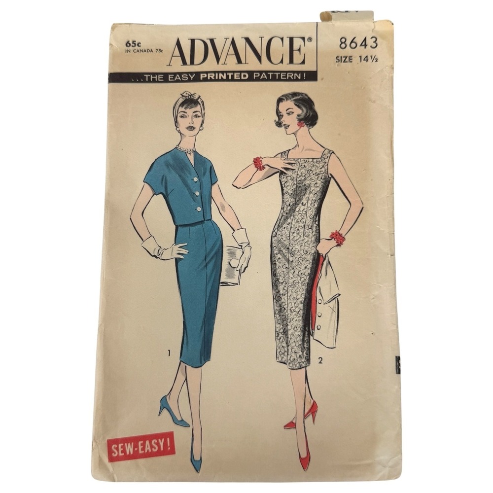 50s Advance Sewing Pattern 8643 Sleeveless Straight Dress & Jacket Size 14.5 VTG